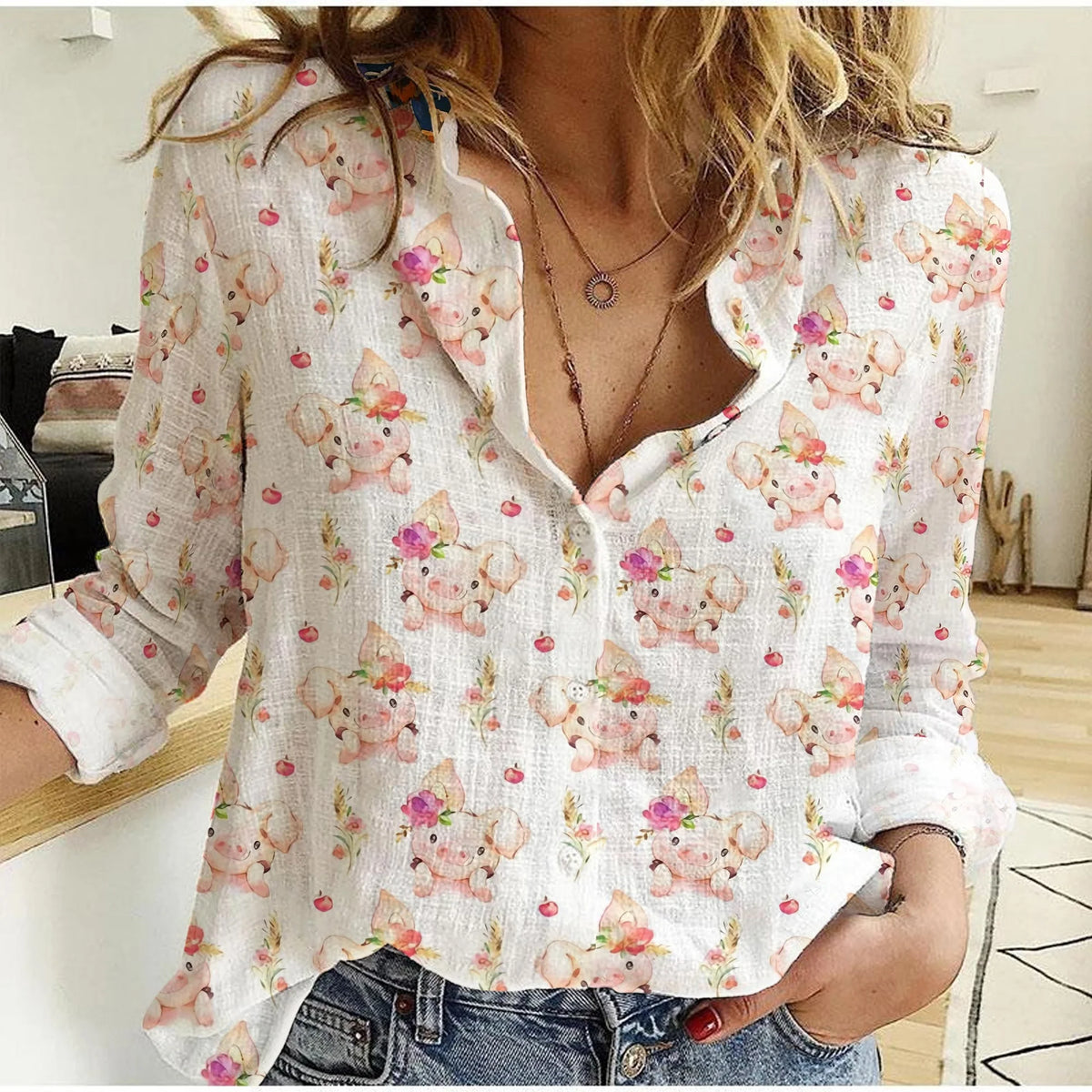 Women's Pig Shirt - Cute Baby Piglet Floral Apple Print Button Up Casual Blouse Farmhouse Country Long Sleeve Top for Pig Lover