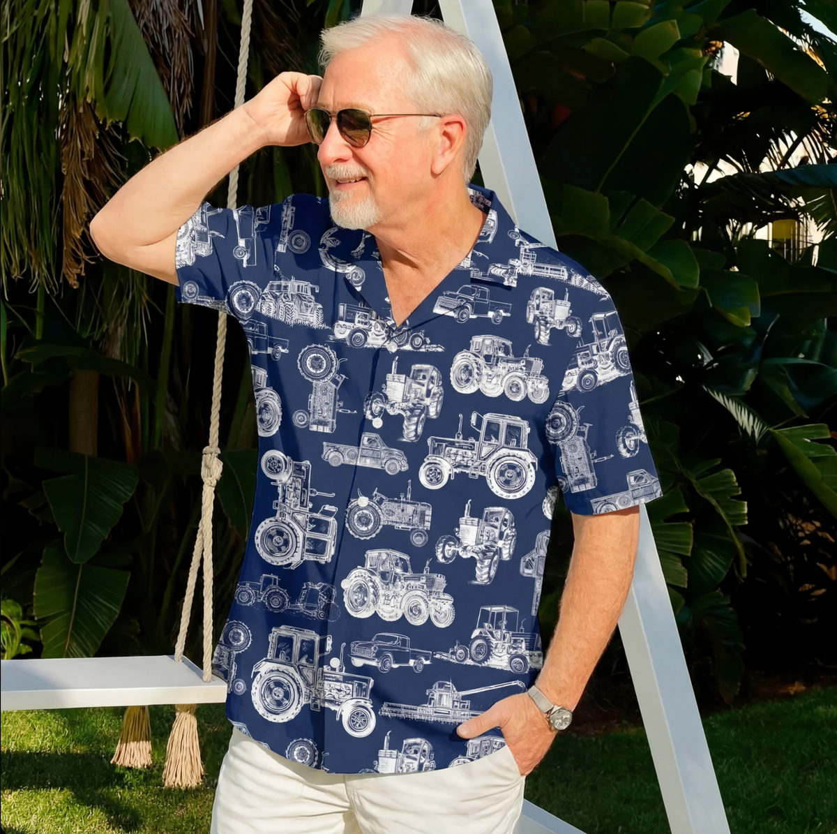 Farm Tractor Hawaiian Shirt – Navy Blueprint Vintage Farm Machinery All Over Print Aloha | Farmer Gift