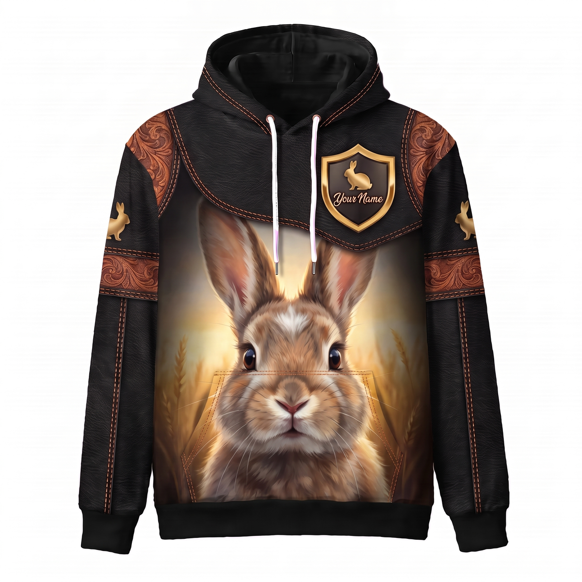 3D Print Rabbit Ranch Hoodie (Faux Leather Design) - Custom Name & Farm Name Western Style Hoodie