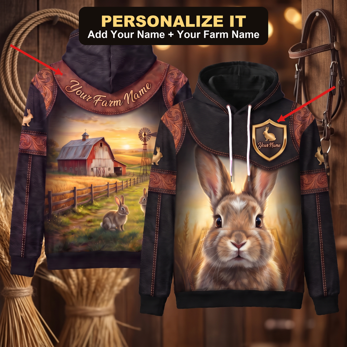 3D Print Rabbit Ranch Hoodie (Faux Leather Design) - Custom Name & Farm Name Western Style Hoodie