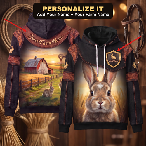 3D Print Rabbit Ranch Hoodie (Faux Leather Design) - Custom Name & Farm Name Western Style Hoodie