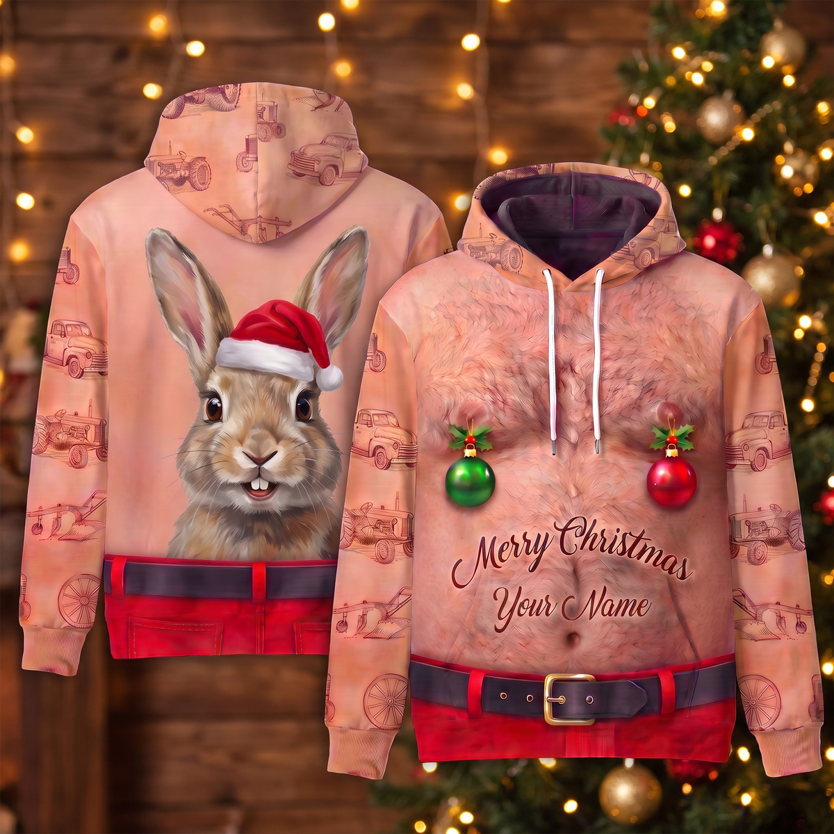Funny Santa Rabbit Hairy Belly Hoodie - Custom Name Bunny Christmas Hoodie