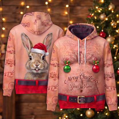 Funny Santa Rabbit Hairy Belly Hoodie - Custom Name Bunny Christmas Hoodie