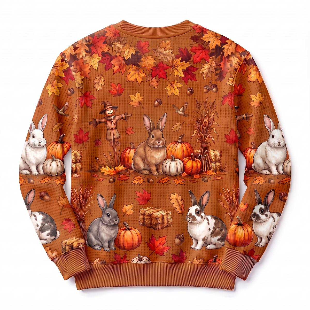Bunny Rabbit Harvest Waffle-Knit Crewneck Sweatshirt – Autumn Pumpkin Patch All-Over Print, Cute Rabbit Fall Sweater for Women