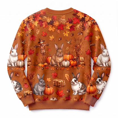 Bunny Rabbit Harvest Waffle-Knit Crewneck Sweatshirt – Autumn Pumpkin Patch All-Over Print, Cute Rabbit Fall Sweater for Women