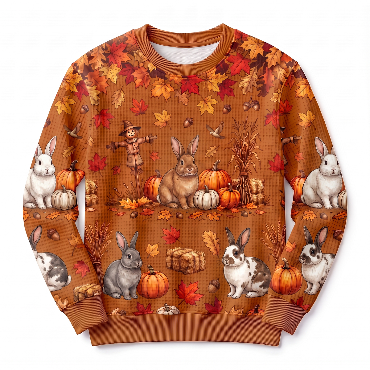 Bunny Rabbit Harvest Waffle-Knit Crewneck Sweatshirt – Autumn Pumpkin Patch All-Over Print, Cute Rabbit Fall Sweater for Women
