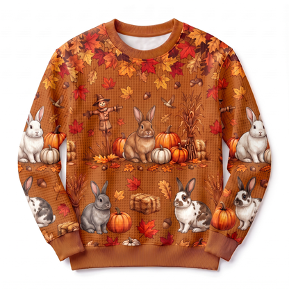 Bunny Rabbit Harvest Waffle-Knit Crewneck Sweatshirt – Autumn Pumpkin Patch All-Over Print, Cute Rabbit Fall Sweater for Women