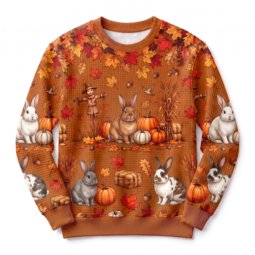 Bunny Rabbit Harvest Waffle-Knit Crewneck Sweatshirt – Autumn Pumpkin Patch All-Over Print, Cute Rabbit Fall Sweater for Women