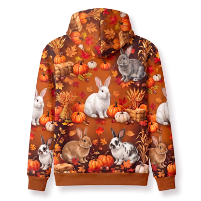 Bunny Rabbit Harvest Hoodie – Autumn Pumpkin Patch All-Over Print Pullover, Cute Rabbit Fall Hoodie for Animal Lovers, Unisex