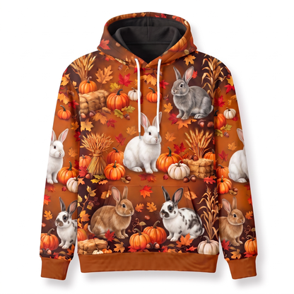 Bunny Rabbit Harvest Hoodie – Autumn Pumpkin Patch All-Over Print Pullover, Cute Rabbit Fall Hoodie for Animal Lovers, Unisex