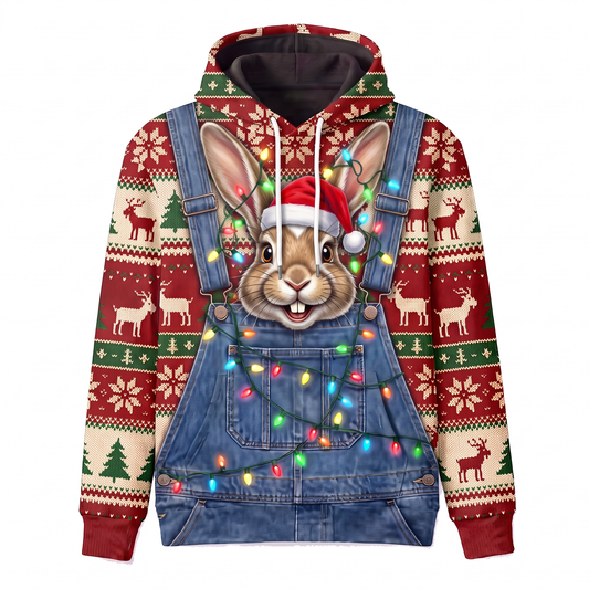 Funny Santa Rabbit Christmas Hoodie - Bunny Overalls Ugly Christmas Sweater Style