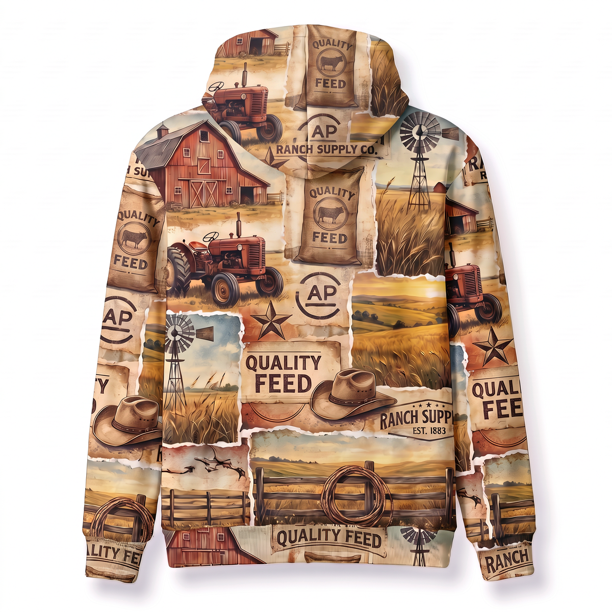 Vintage Farm Ranch Hoodie – Red Barn, Tractor & Feed Sack Collage All-Over Print Unisex Pullover