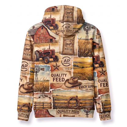 Vintage Farm Ranch Hoodie – Red Barn, Tractor & Feed Sack Collage All-Over Print Unisex Pullover