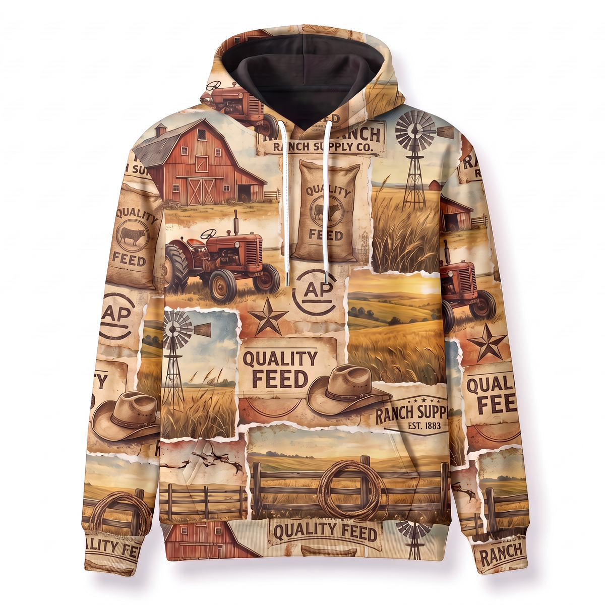 Vintage Farm Ranch Hoodie – Red Barn, Tractor & Feed Sack Collage All-Over Print Unisex Pullover