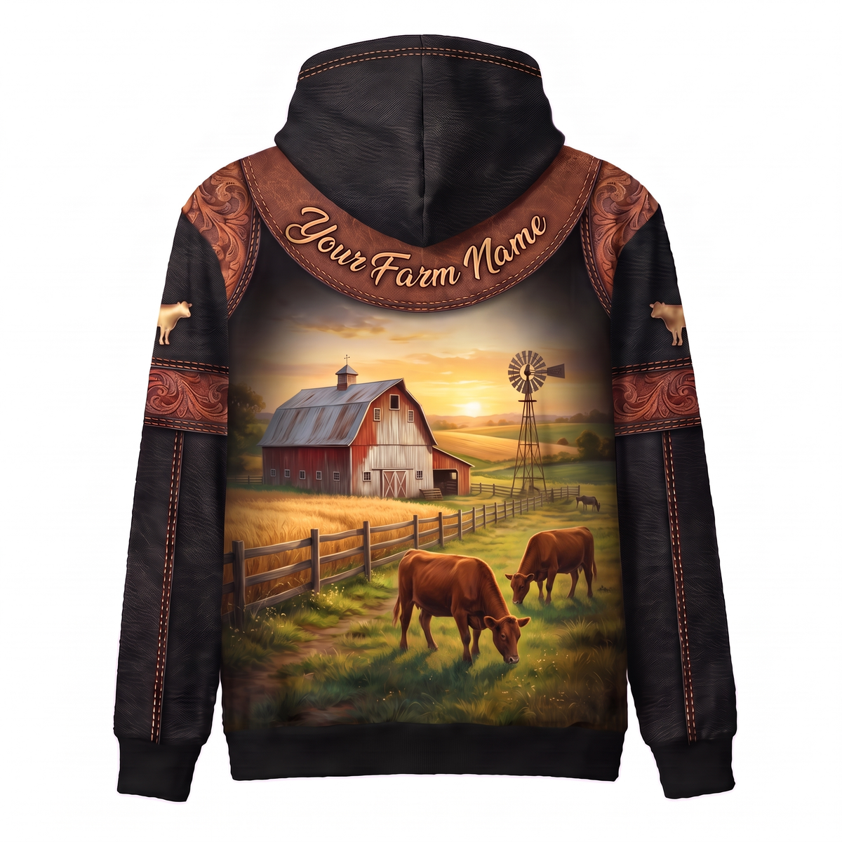 3D Print Red Angus Ranch Hoodie (Faux Leather Design) - Custom Name & Farm Name Western Style Hoodie