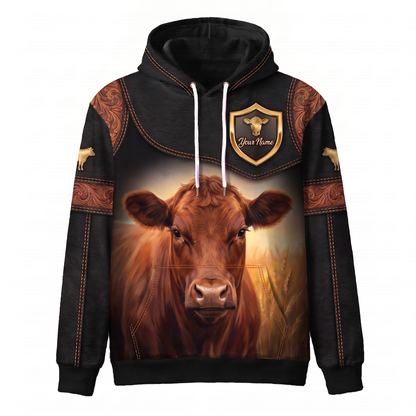 3D Print Red Angus Ranch Hoodie (Faux Leather Design) - Custom Name & Farm Name Western Style Hoodie