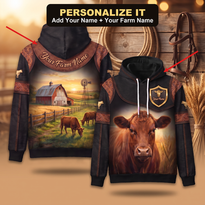 3D Print Red Angus Ranch Hoodie (Faux Leather Design) - Custom Name & Farm Name Western Style Hoodie