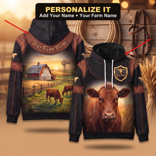 3D Print Red Angus Ranch Hoodie (Faux Leather Design) - Custom Name & Farm Name Western Style Hoodie