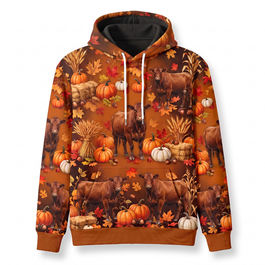Red Angus Harvest Hoodie – Autumn Pumpkin Patch All-Over Print Pullover, Cattle Fall Hoodie for Farm Lovers, Unisex