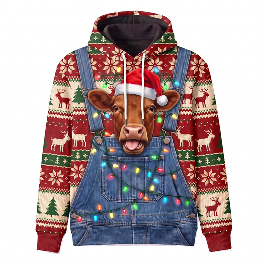 Funny Red Angus Christmas Hoodie - Overalls Ugly Sweater Print