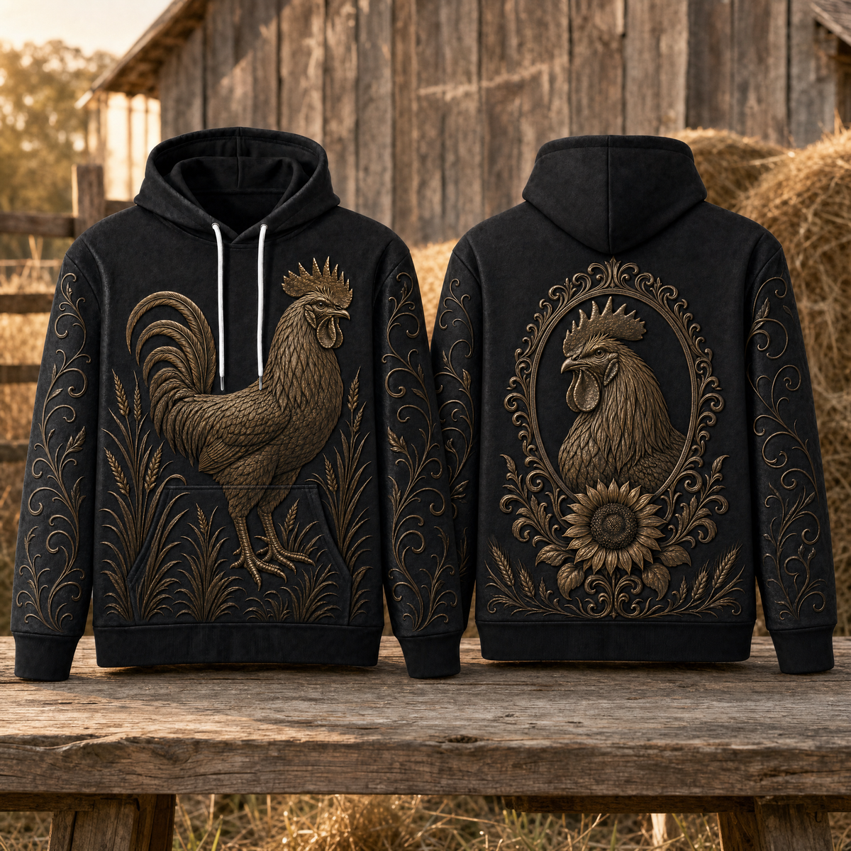 Rooster Hoodie – Rustic Farm 3D Effect All-Over Print Unisex Pullover, Black & Bronze, Chicken Lover Gift