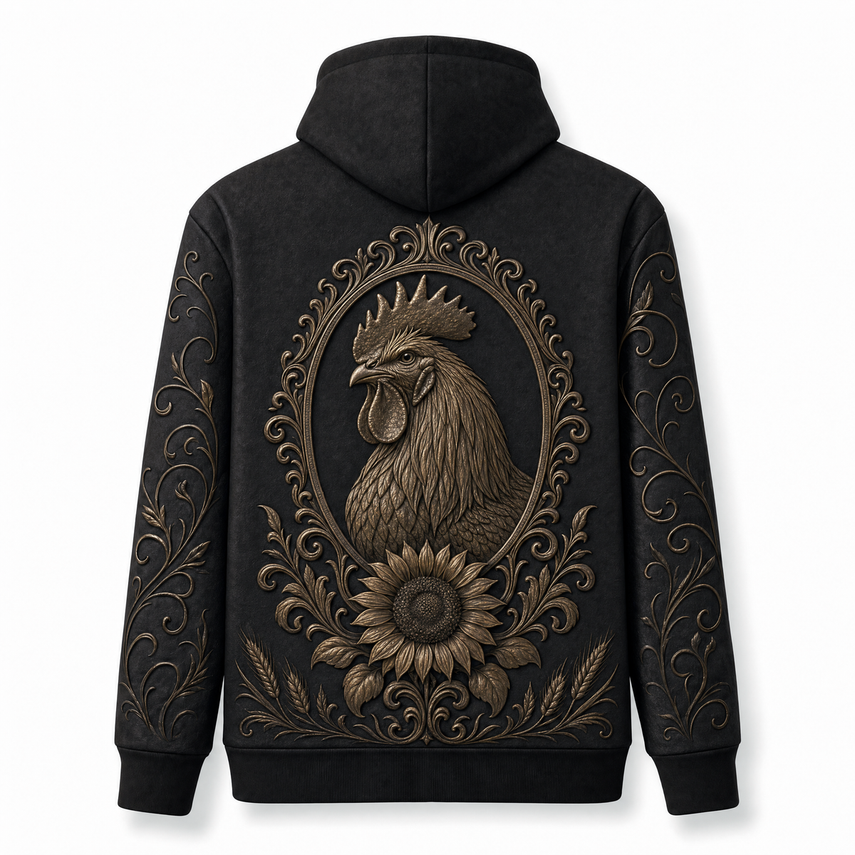 Rooster Hoodie – Rustic Farm 3D Effect All-Over Print Unisex Pullover, Black & Bronze, Chicken Lover Gift