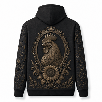 Rooster Hoodie – Rustic Farm 3D Effect All-Over Print Unisex Pullover, Black & Bronze, Chicken Lover Gift