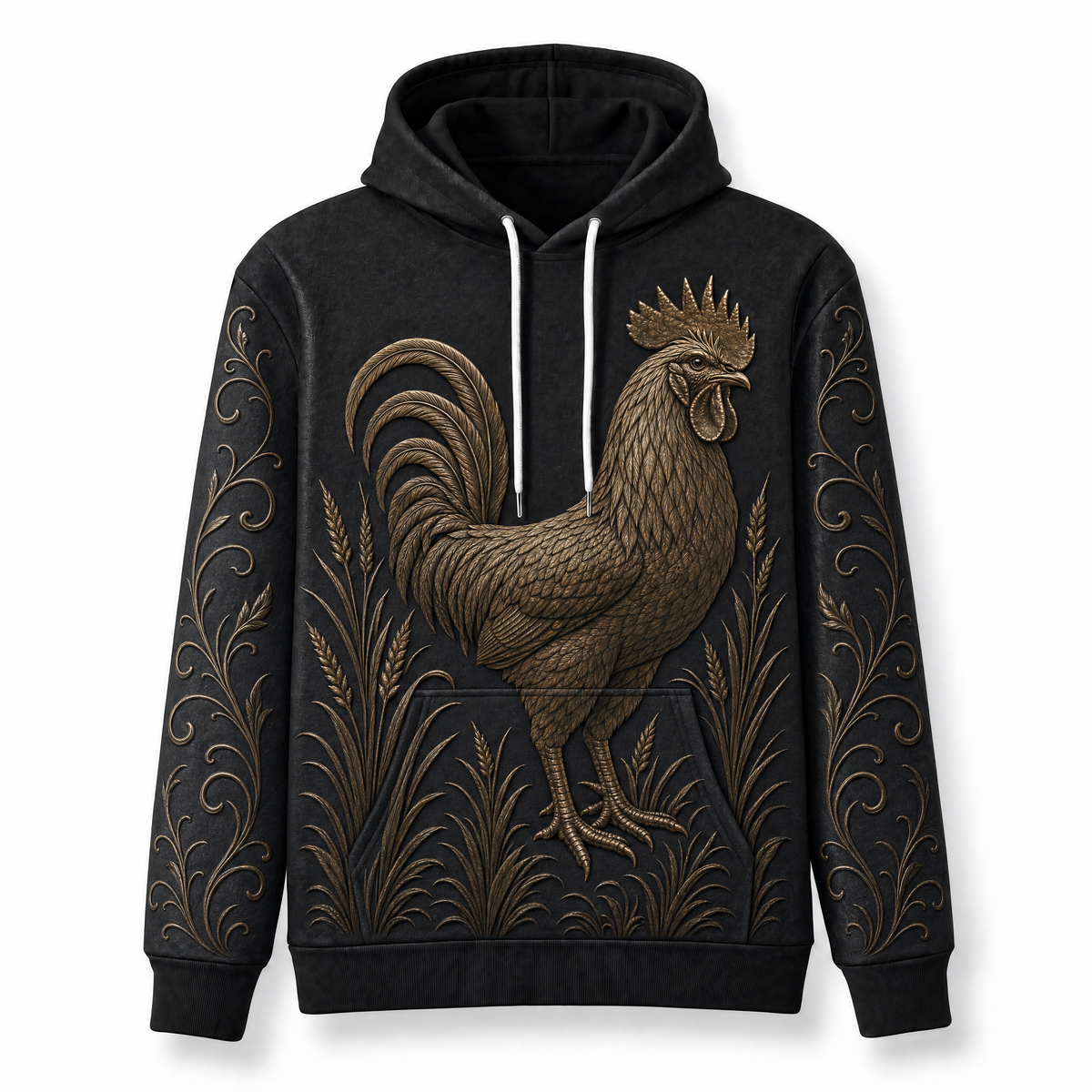 Rooster Hoodie – Rustic Farm 3D Effect All-Over Print Unisex Pullover, Black & Bronze, Chicken Lover Gift