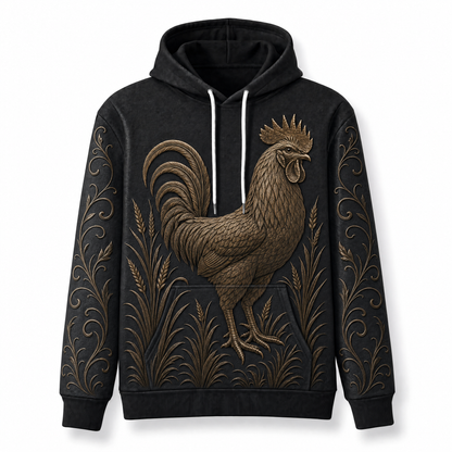 Rooster Hoodie – Rustic Farm 3D Effect All-Over Print Unisex Pullover, Black & Bronze, Chicken Lover Gift