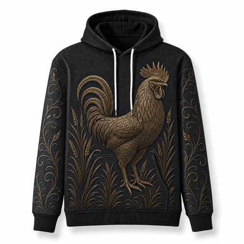Rooster Hoodie – Rustic Farm 3D Effect All-Over Print Unisex Pullover, Black & Bronze, Chicken Lover Gift