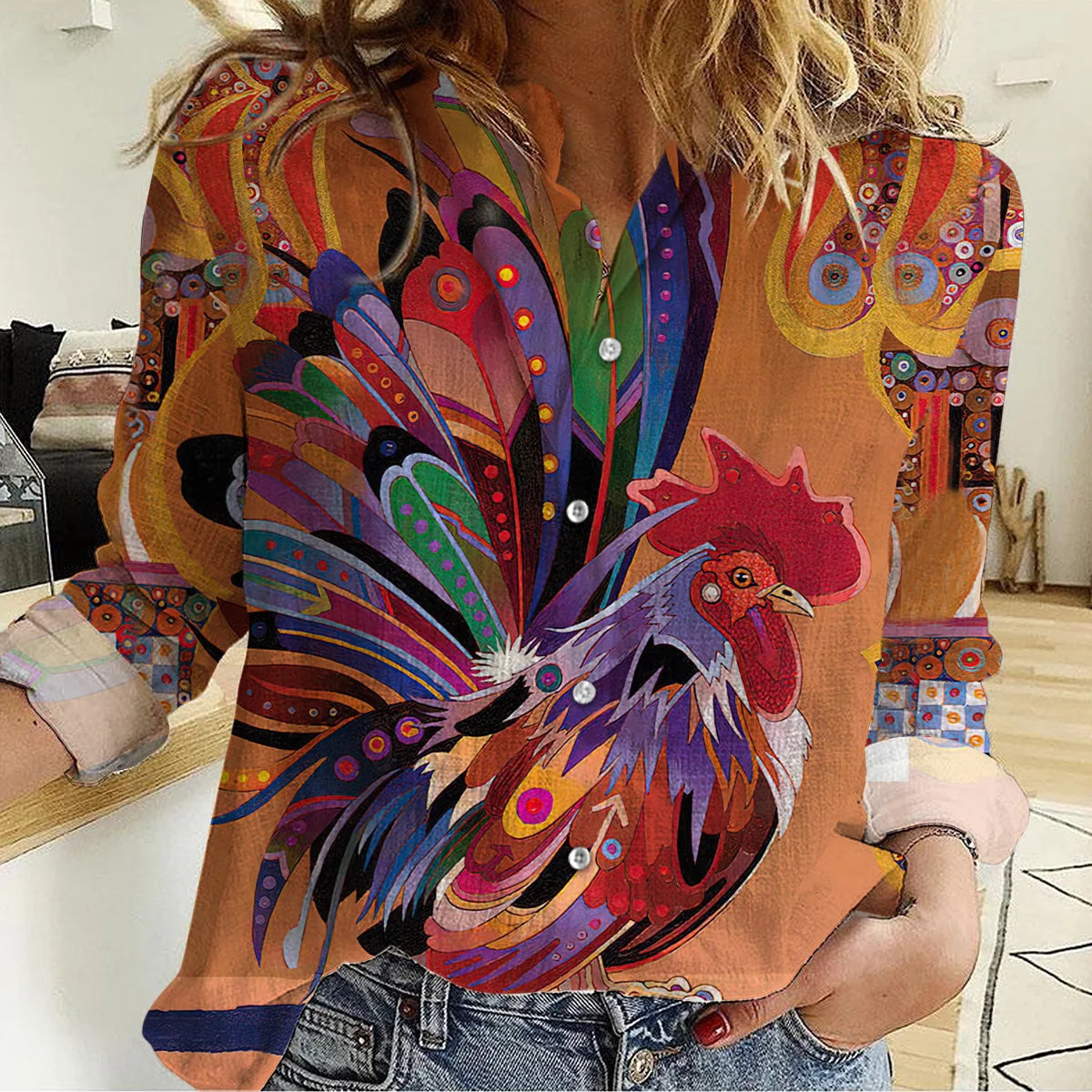 Women's Rooster Shirt - Colorful Abstract Art Print Button Up Casual Shirt Boho Hippie Long Sleeve Top for Rooster Chicken Lover