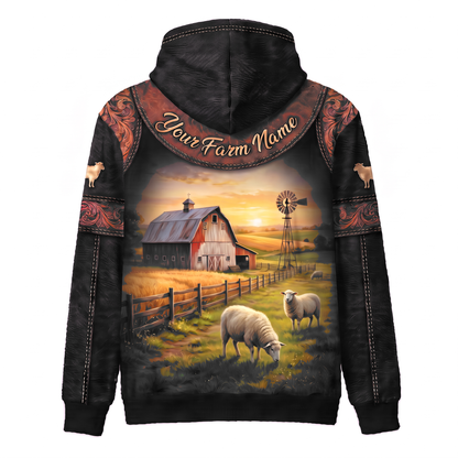 3D Print Sheep Ranch Hoodie (Faux Leather Design) - Custom Name & Farm Name Western Style Hoodie