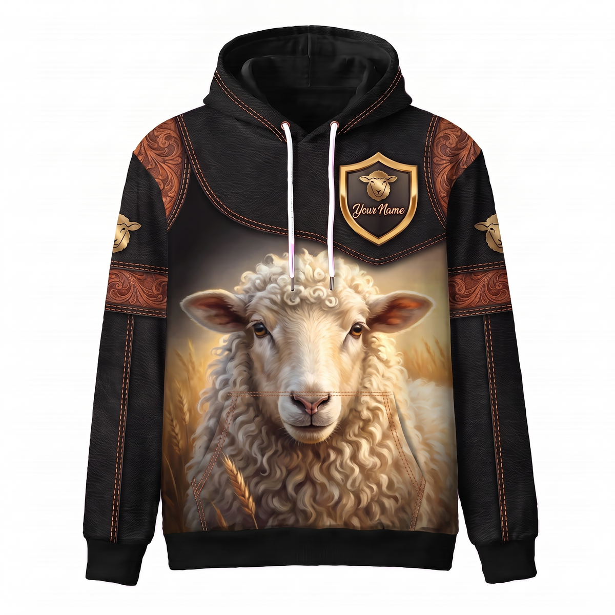 3D Print Sheep Ranch Hoodie (Faux Leather Design) - Custom Name & Farm Name Western Style Hoodie