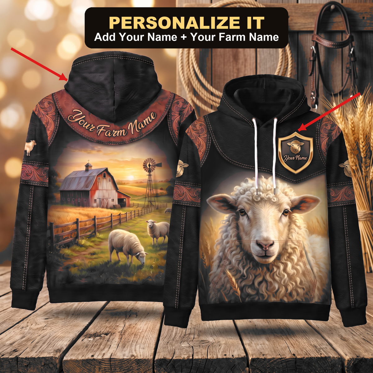 3D Print Sheep Ranch Hoodie (Faux Leather Design) - Custom Name & Farm Name Western Style Hoodie