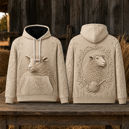 Sheep Hoodie – Rustic Farm 3D Effect All-Over Print Unisex Pullover, Cream, Sheep Lover Gift