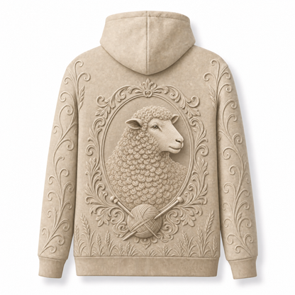 Sheep Hoodie – Rustic Farm 3D Effect All-Over Print Unisex Pullover, Cream, Sheep Lover Gift