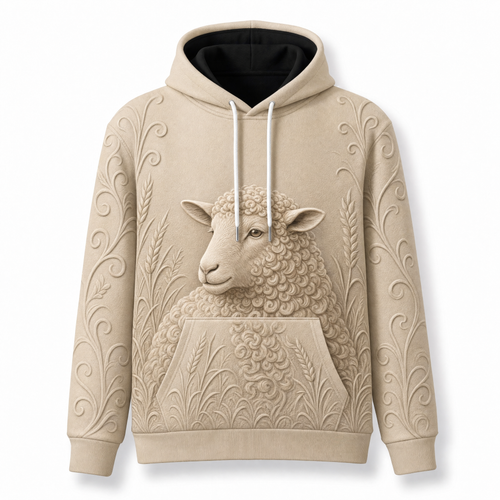 Sheep Hoodie – Rustic Farm 3D Effect All-Over Print Unisex Pullover, Cream, Sheep Lover Gift
