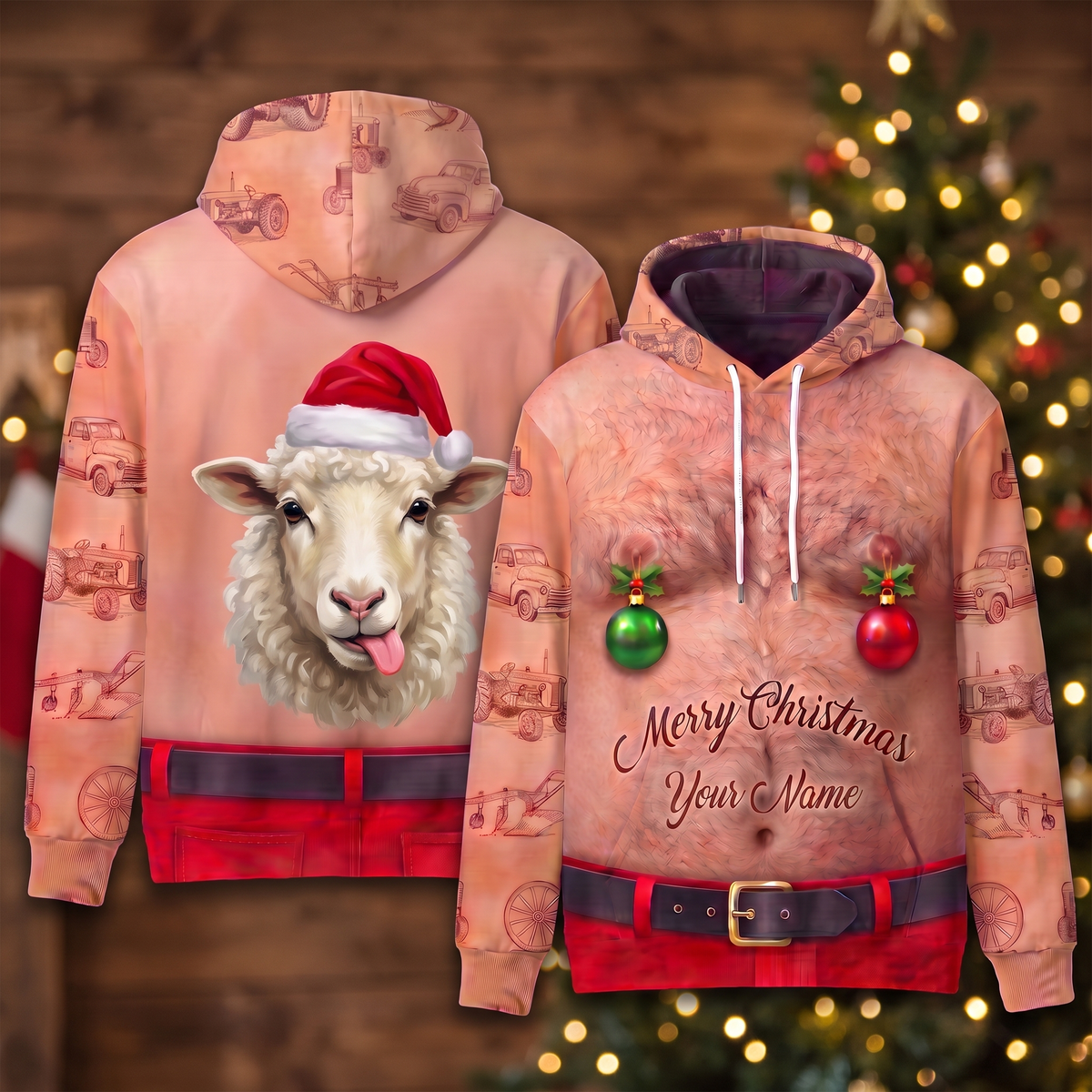 Funny Santa Sheep Hairy Belly Hoodie - Custom Name Fluffy Sheep Christmas Hoodie