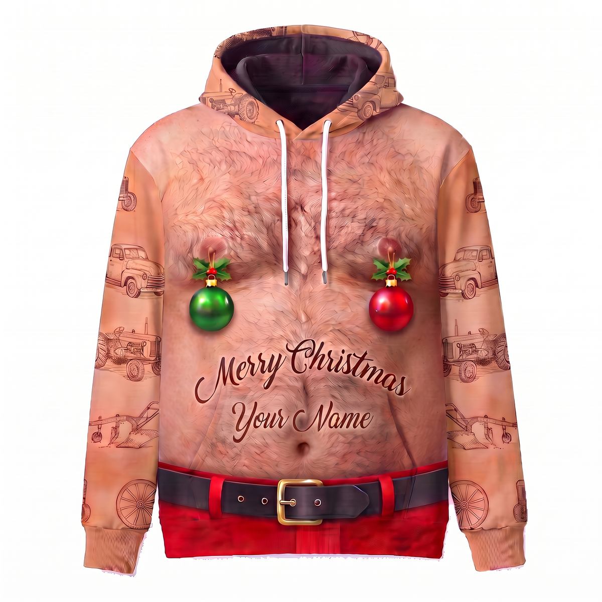 Funny Santa Sheep Hairy Belly Hoodie - Custom Name Fluffy Sheep Christmas Hoodie