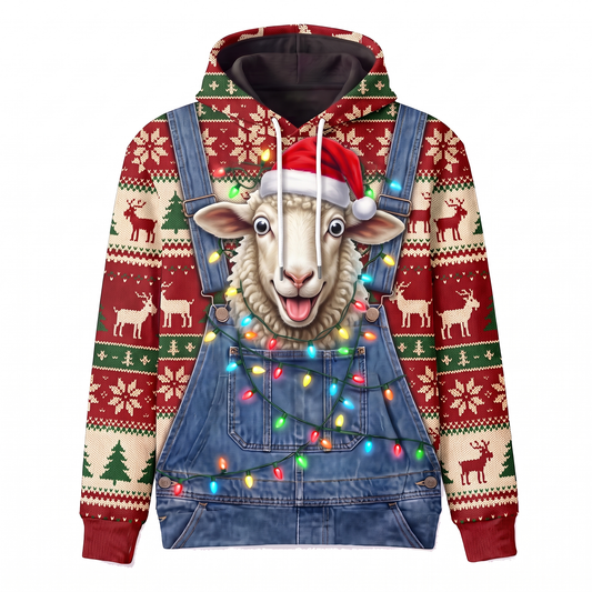 Funny Santa Sheep Christmas Hoodie - Sheep Overalls Ugly Christmas Sweater Style