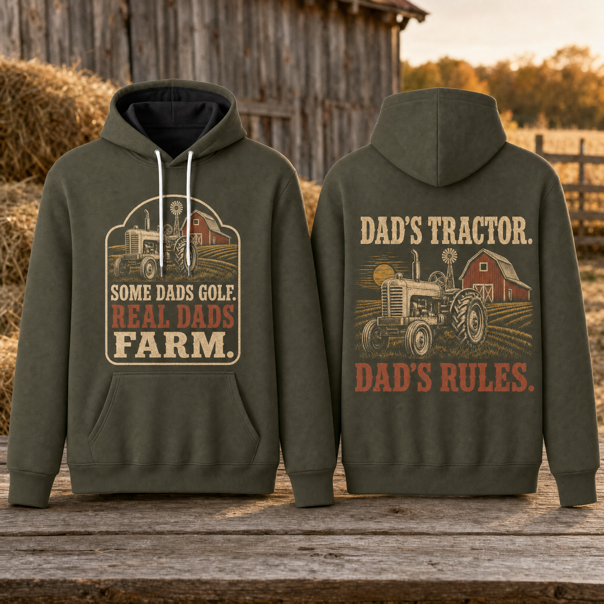 Farm Dad Hoodie – Some Dads Golf Real Dads Farm Vintage Tractor Graphic Pullover, Olive, Farmer Dad Gift