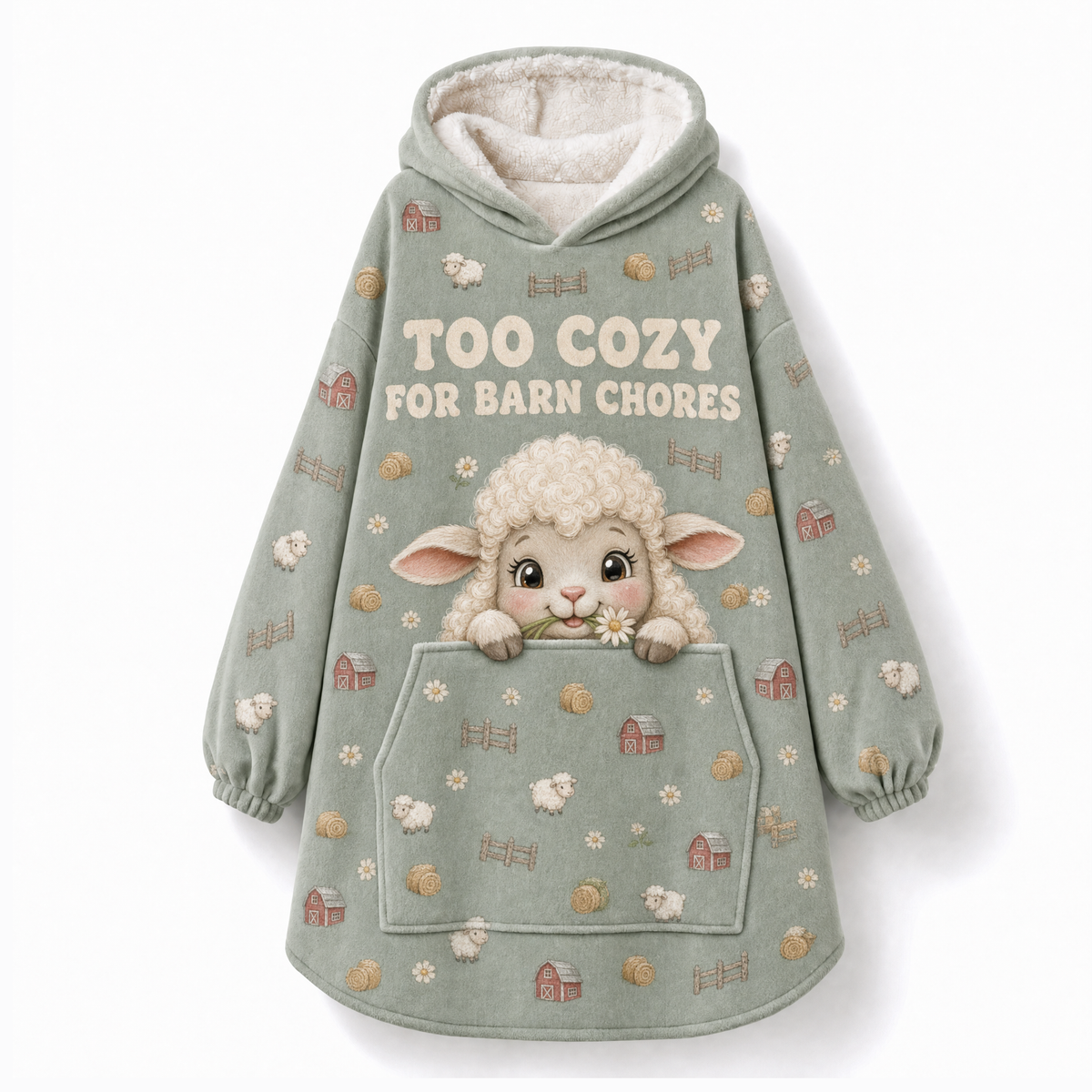 Too Cozy For Barn Chores Sheep Hoodie Blanket – Ewe Can't Make Me, Sherpa Lined, Adult & Kids