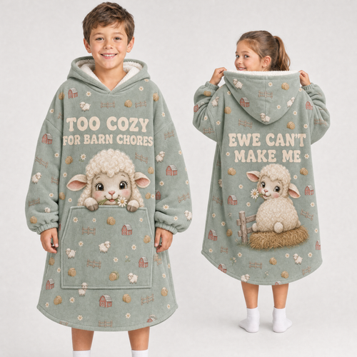 Too Cozy For Barn Chores Sheep Hoodie Blanket – Ewe Can't Make Me, Sherpa Lined, Adult & Kids
