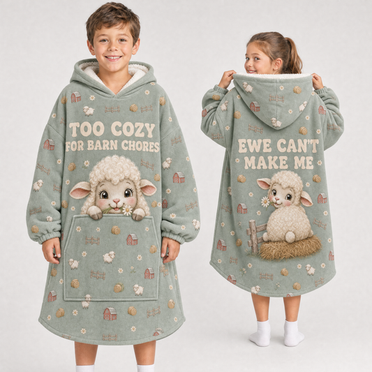 Too Cozy For Barn Chores Sheep Hoodie Blanket – Ewe Can't Make Me, Sherpa Lined, Adult & Kids