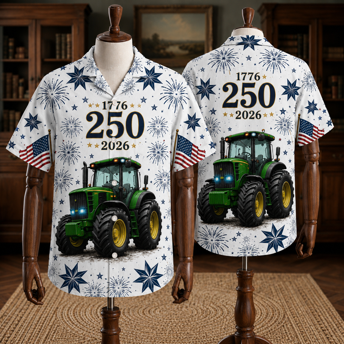 Farm Tractor Hawaiian Shirt USA 250th Anniversary 1776-2026, Patriotic Farmer Aloha Shirt, 4th of July Tractor Lover Shirt, Gift for Farmer Dad Grandpa