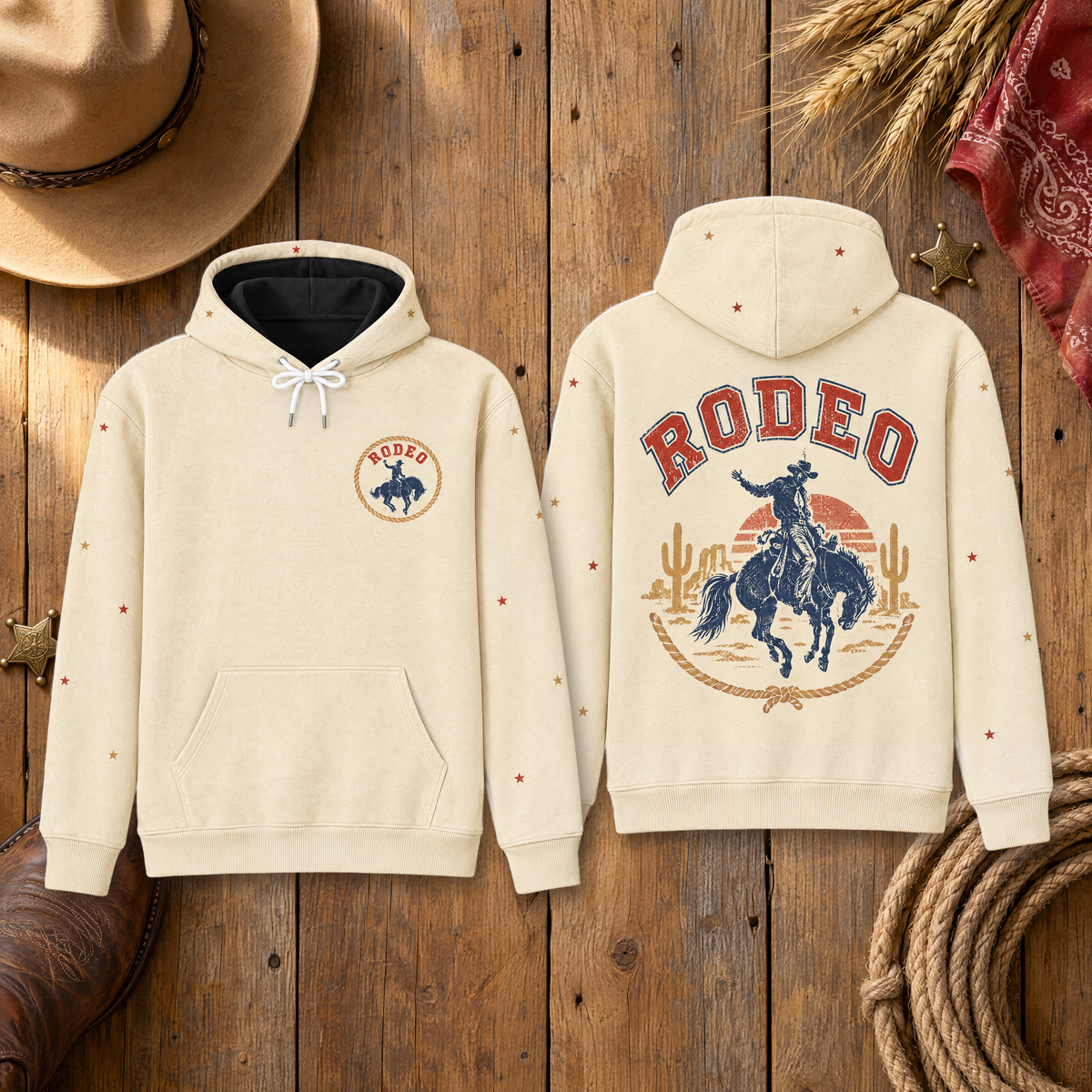 Vintage Rodeo Hoodie – Retro Western Cowboy Graphic Back Print, Distressed Desert Sunset, Unisex
