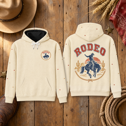 Vintage Rodeo Hoodie – Retro Western Cowboy Graphic Back Print, Distressed Desert Sunset, Unisex