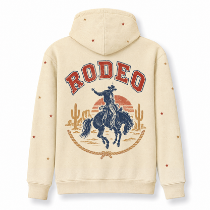Vintage Rodeo Hoodie – Retro Western Cowboy Graphic Back Print, Distressed Desert Sunset, Unisex